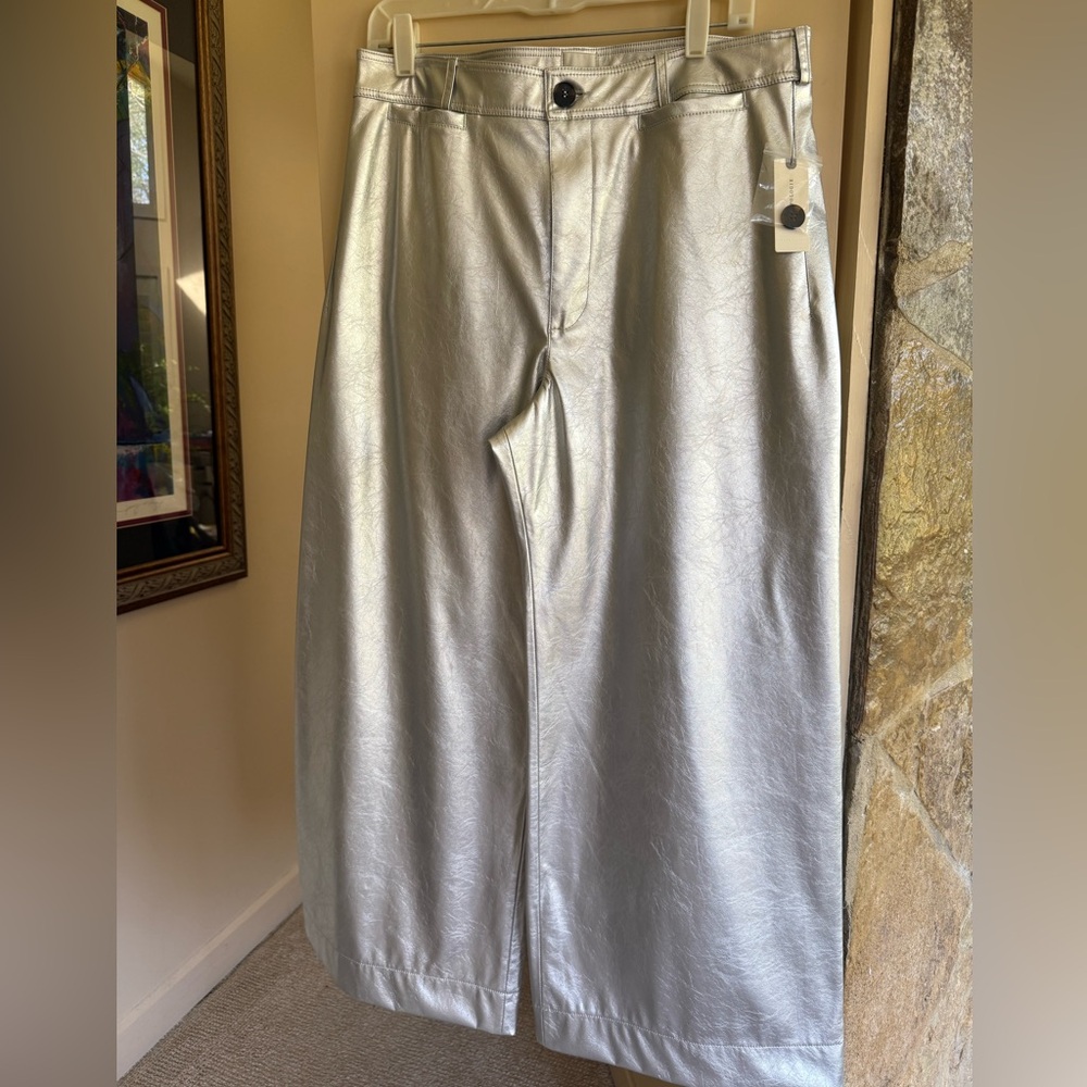 Anthropologie Colette Wide-Leg Faux Leather Pants in Metallic Silver - Picture 2 of 8